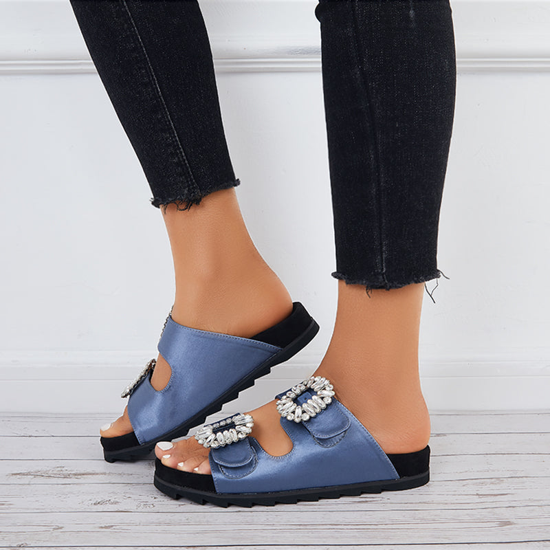 Rhinestone Velcro Platform Slides Slip on Flat Sandals Slippers - Image 13