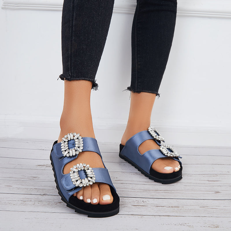 Rhinestone Velcro Platform Slides Slip on Flat Sandals Slippers - Image 14