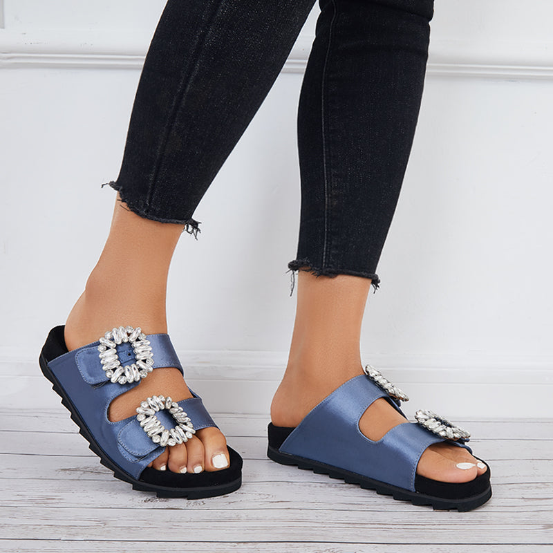 Rhinestone Velcro Platform Slides Slip on Flat Sandals Slippers - Image 15