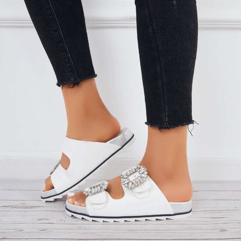 Rhinestone Velcro Platform Slides Slip on Flat Sandals Slippers - Image 16