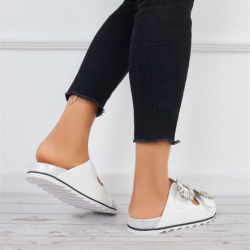 Rhinestone Velcro Platform Slides Slip on Flat Sandals Slippers - Image 18