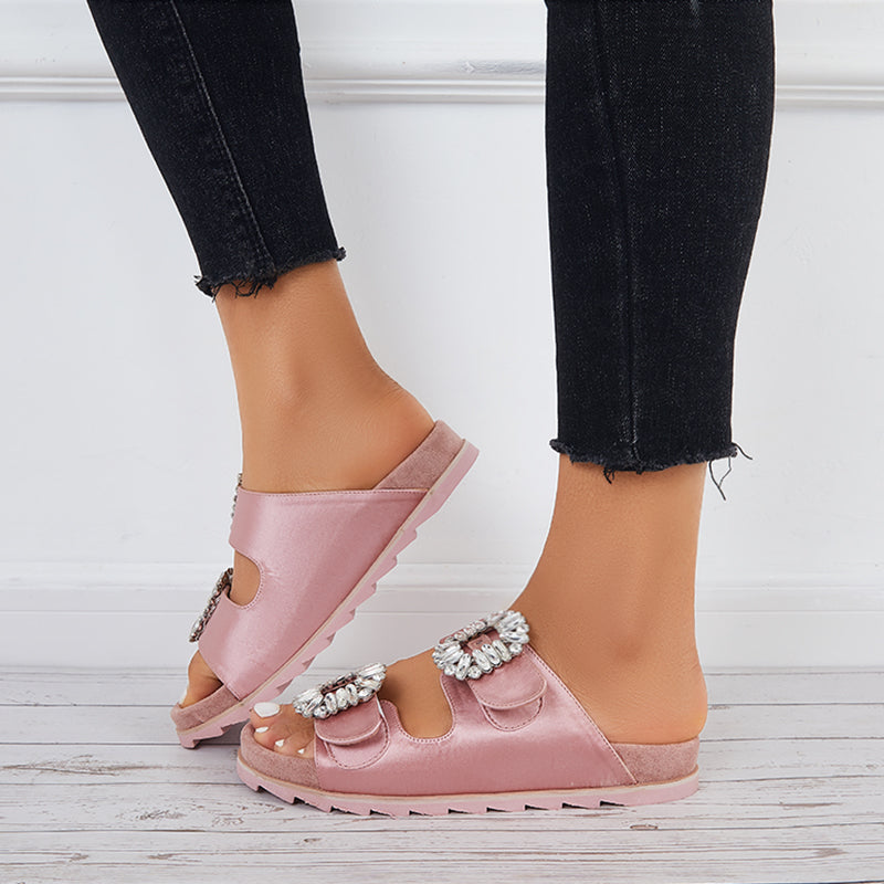 Rhinestone Velcro Platform Slides Slip on Flat Sandals Slippers - Image 2