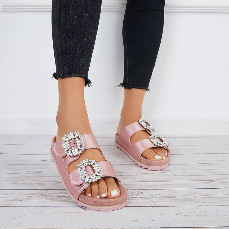 Rhinestone Velcro Platform Slides Slip on Flat Sandals Slippers