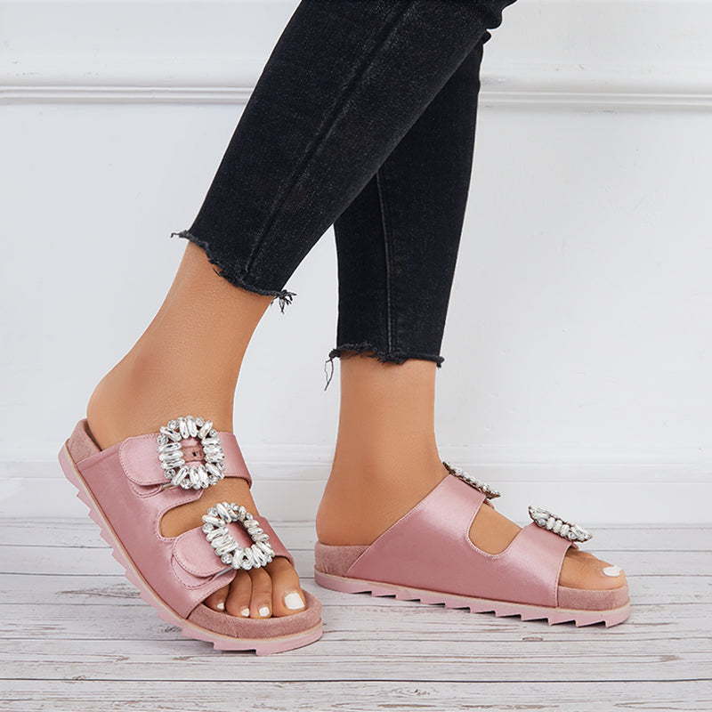 Rhinestone Velcro Platform Slides Slip on Flat Sandals Slippers - Image 3