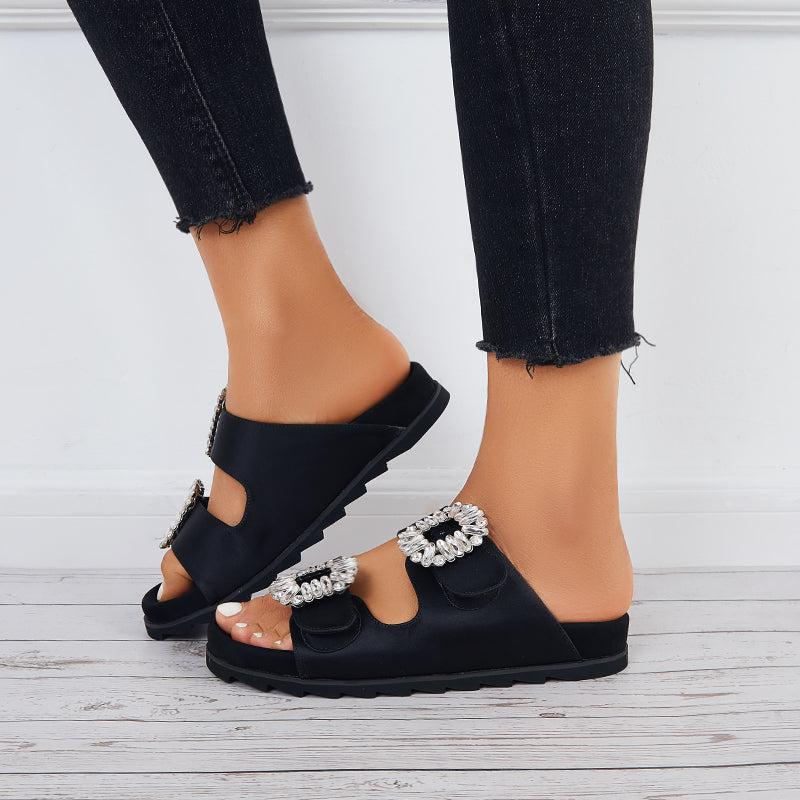 Rhinestone Velcro Platform Slides Slip on Flat Sandals Slippers - Image 6