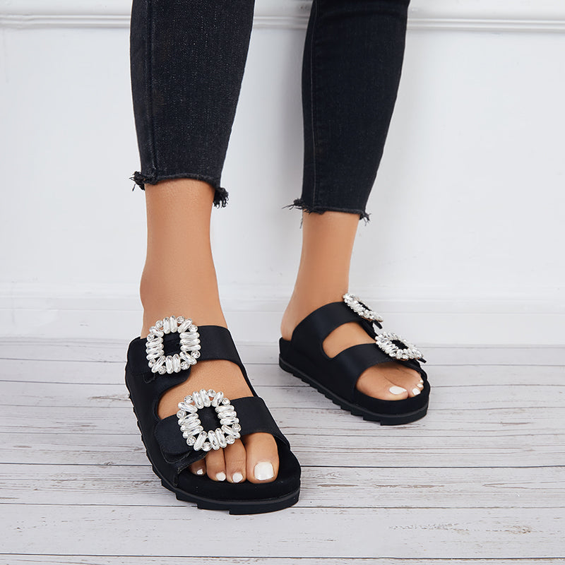 Rhinestone Velcro Platform Slides Slip on Flat Sandals Slippers - Image 5