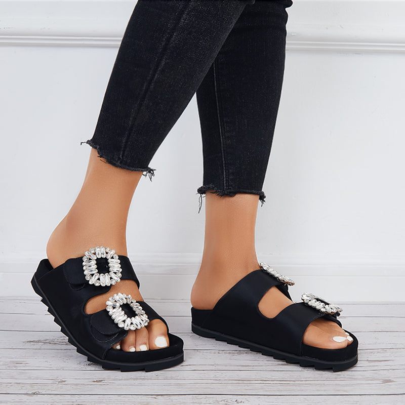 Rhinestone Velcro Platform Slides Slip on Flat Sandals Slippers - Image 4