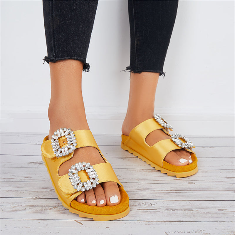 Rhinestone Velcro Platform Slides Slip on Flat Sandals Slippers - Image 8