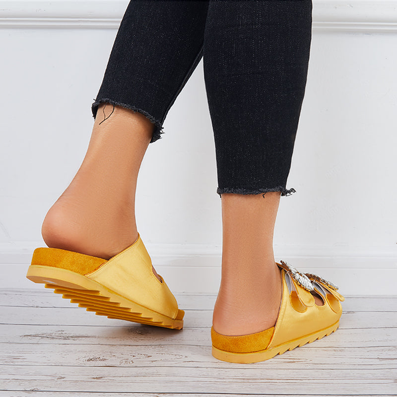 Rhinestone Velcro Platform Slides Slip on Flat Sandals Slippers - Image 9