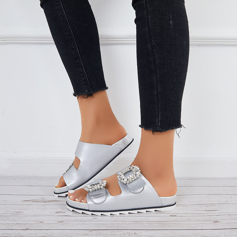 Rhinestone Velcro Platform Slides Slip on Flat Sandals Slippers - Image 10