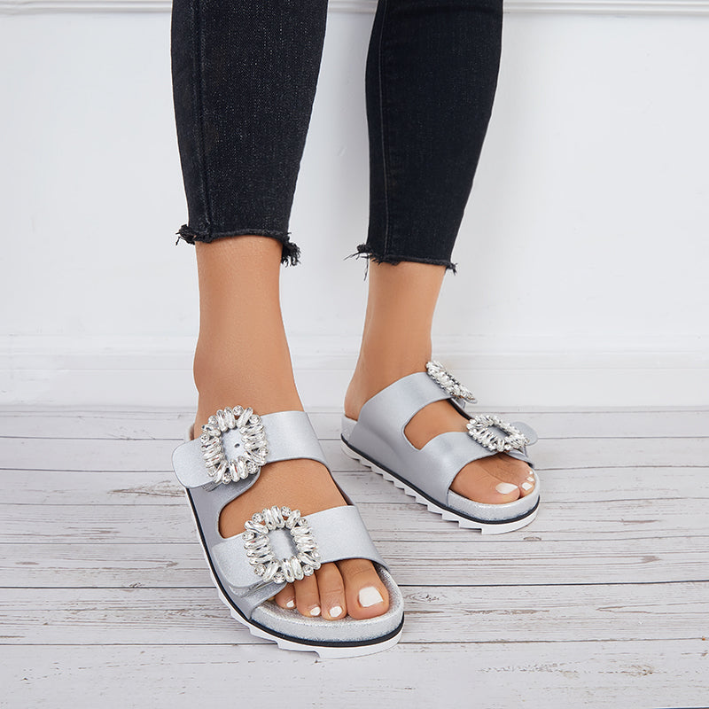 Rhinestone Velcro Platform Slides Slip on Flat Sandals Slippers - Image 11