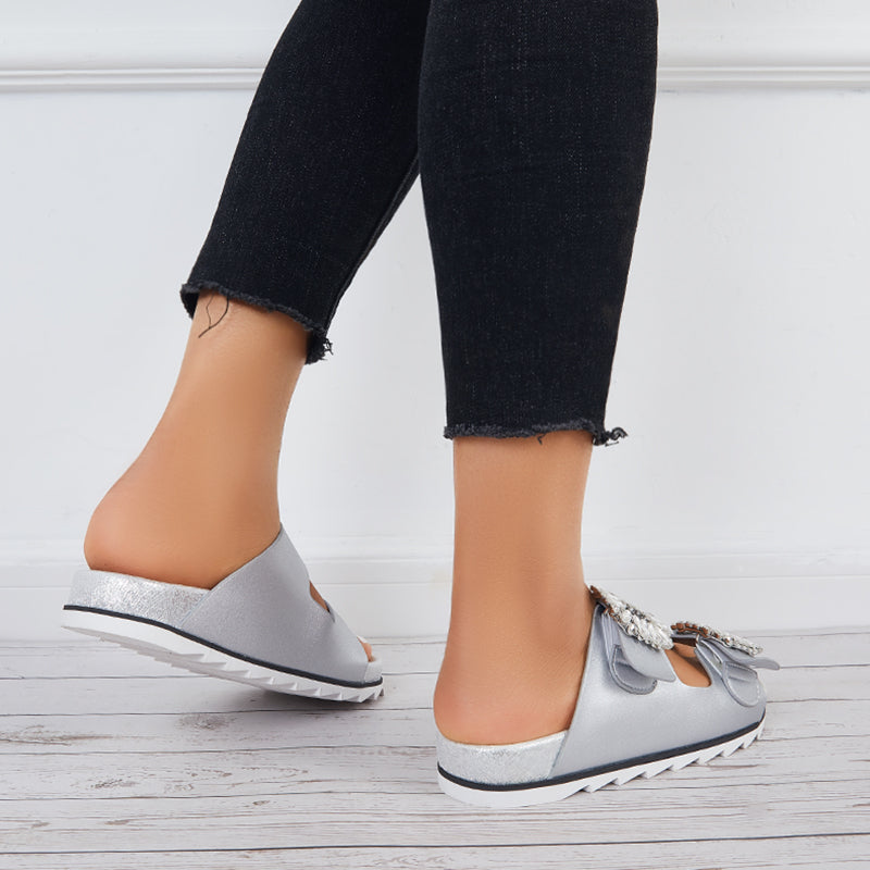 Rhinestone Velcro Platform Slides Slip on Flat Sandals Slippers - Image 12