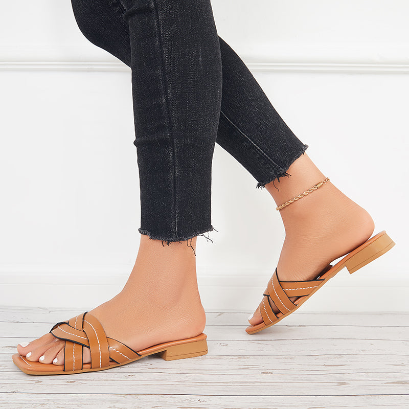 Summer Flat Sandals Backless Slides Cross Criss Strap Slippers - Image 2