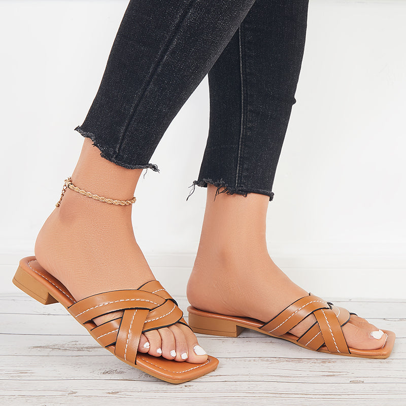 Summer Flat Sandals Backless Slides Cross Criss Strap Slippers - Image 4