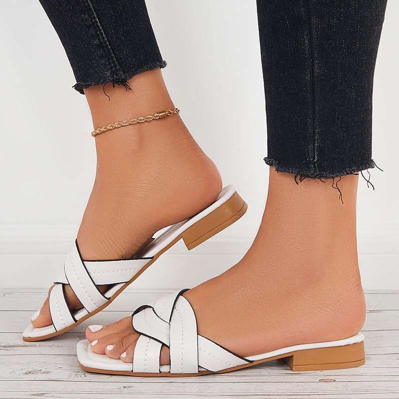 Summer Flat Sandals Backless Slides Cross Criss Strap Slippers - Image 6