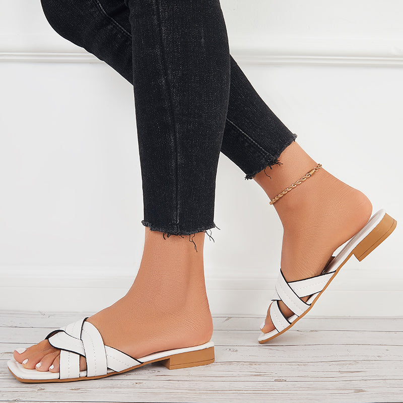 Summer Flat Sandals Backless Slides Cross Criss Strap Slippers - Image 7