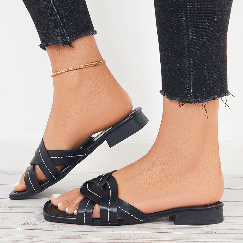 Summer Flat Sandals Backless Slides Cross Criss Strap Slippers - Image 11