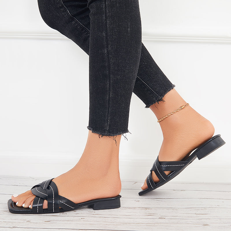 Summer Flat Sandals Backless Slides Cross Criss Strap Slippers - Image 12