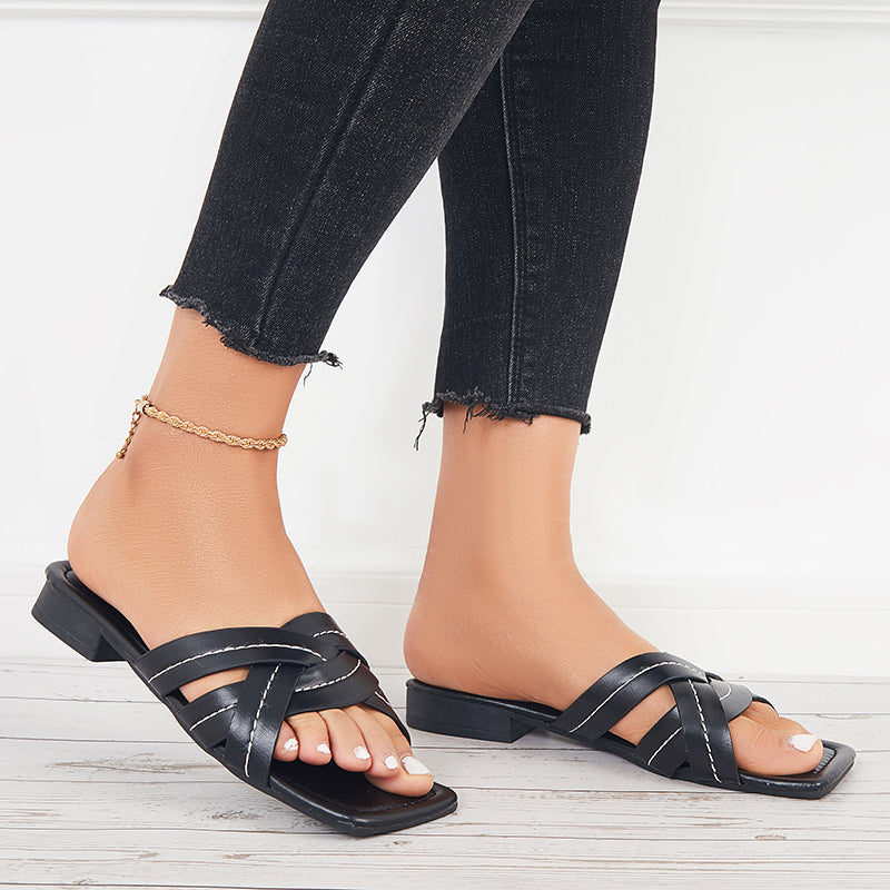 Summer Flat Sandals Backless Slides Cross Criss Strap Slippers - Image 14