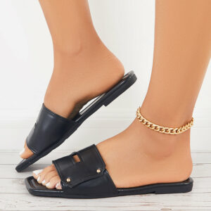 Women Square Toe Slide Sandals Flat Beach Slippers