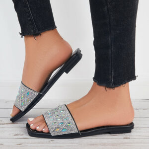 Rhinestone Slide Sandals Shiny Round Toe Flat Slippers