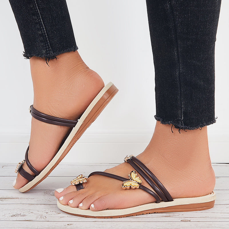 Slip on Butterfly Toe Ring Flat Sandals Flip Flops with Clip Toe - Image 2