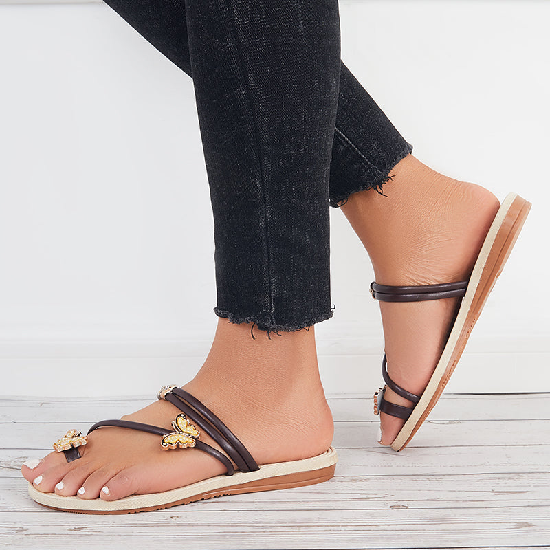 Slip on Butterfly Toe Ring Flat Sandals Flip Flops with Clip Toe - Image 3