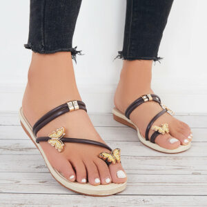 Slip on Butterfly Toe Ring Flat Sandals Flip Flops with Clip Toe
