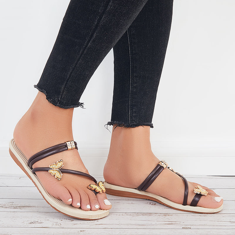 Slip on Butterfly Toe Ring Flat Sandals Flip Flops with Clip Toe - Image 4