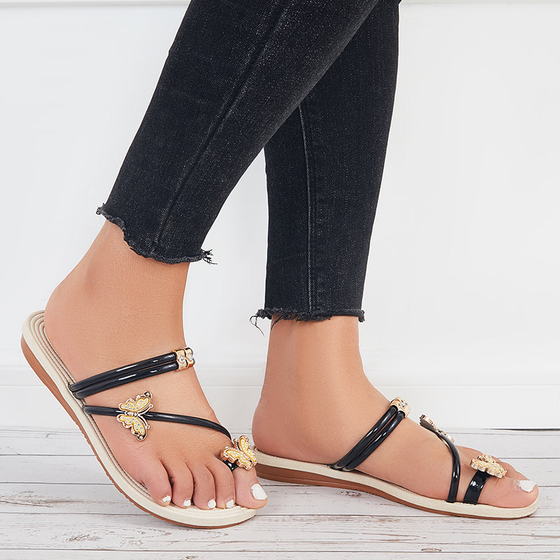 Slip on Butterfly Toe Ring Flat Sandals Flip Flops with Clip Toe - Image 16