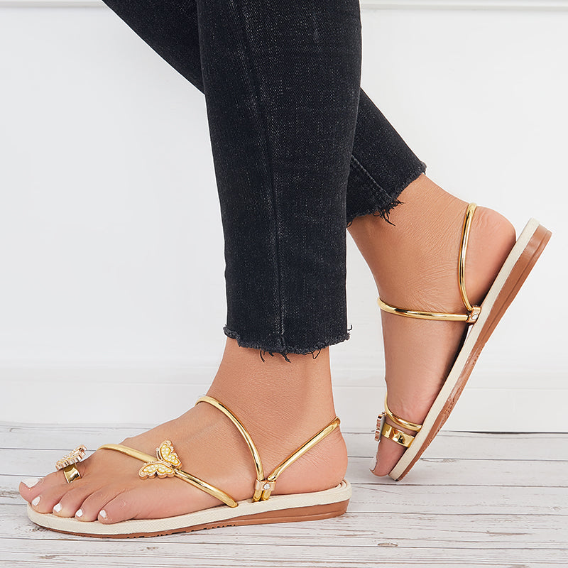 Slip on Butterfly Toe Ring Flat Sandals Flip Flops with Clip Toe - Image 20