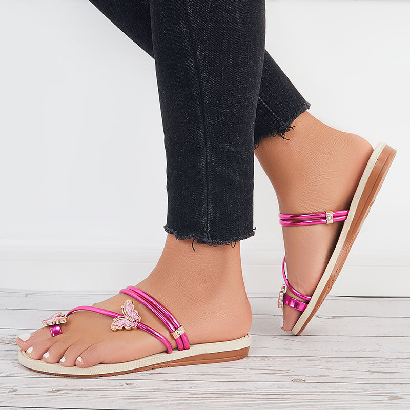 Slip on Butterfly Toe Ring Flat Sandals Flip Flops with Clip Toe - Image 26