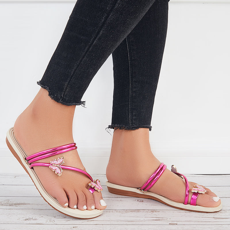 Slip on Butterfly Toe Ring Flat Sandals Flip Flops with Clip Toe - Image 28