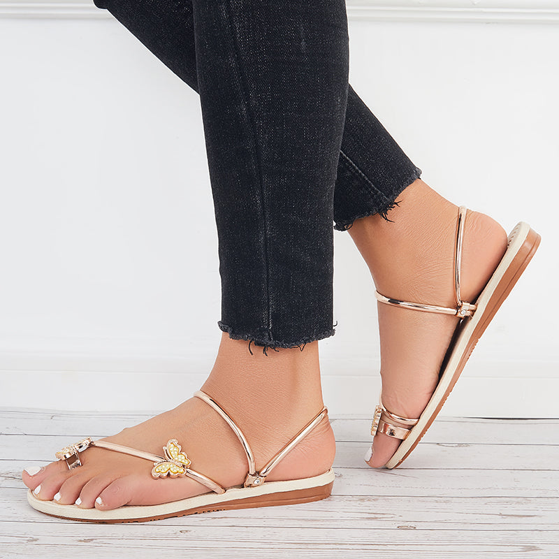 Slip on Butterfly Toe Ring Flat Sandals Flip Flops with Clip Toe - Image 38