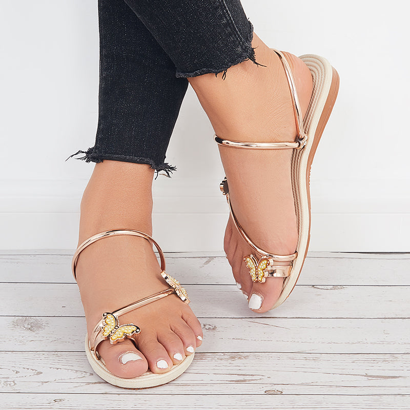 Slip on Butterfly Toe Ring Flat Sandals Flip Flops with Clip Toe - Image 41