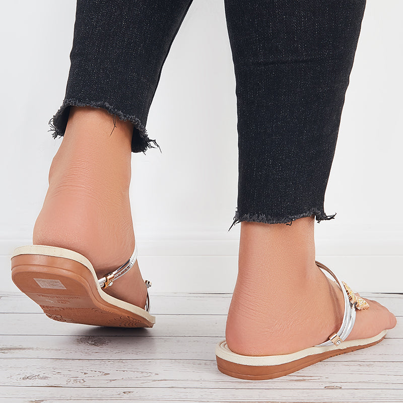 Slip on Butterfly Toe Ring Flat Sandals Flip Flops with Clip Toe - Image 36