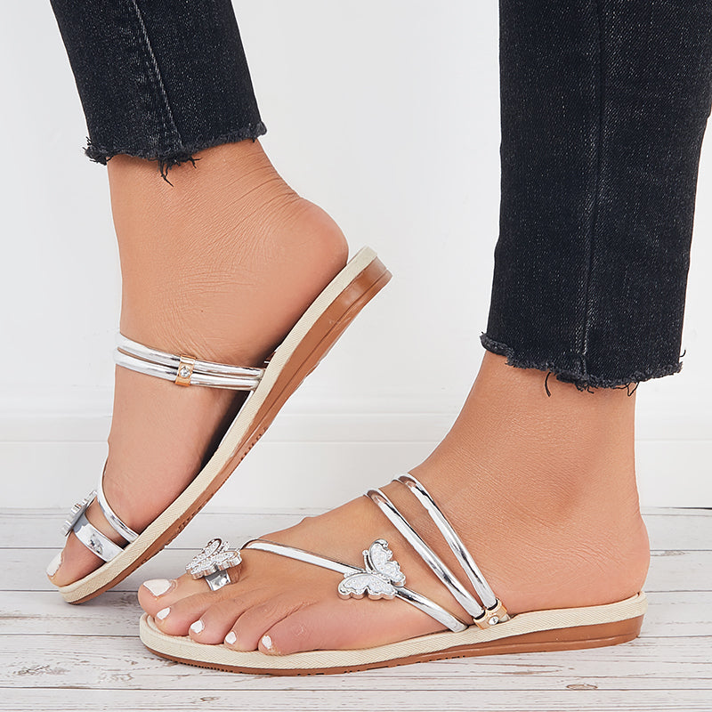 Slip on Butterfly Toe Ring Flat Sandals Flip Flops with Clip Toe - Image 43