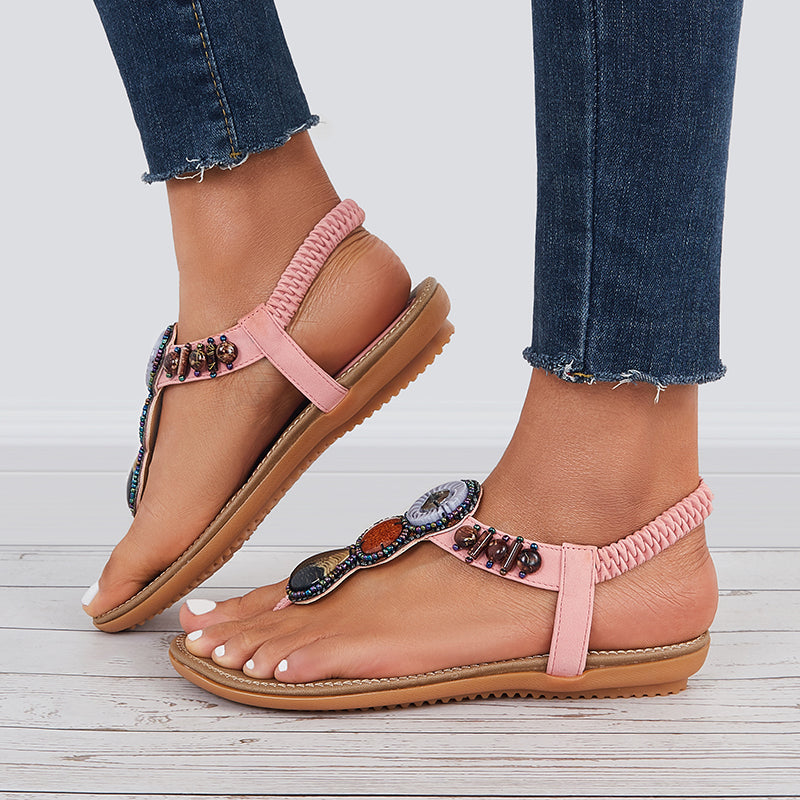 Boho Low Heel Flip Flop Sandals Elastic Ankle T-Strap Dress Shoes - Image 7