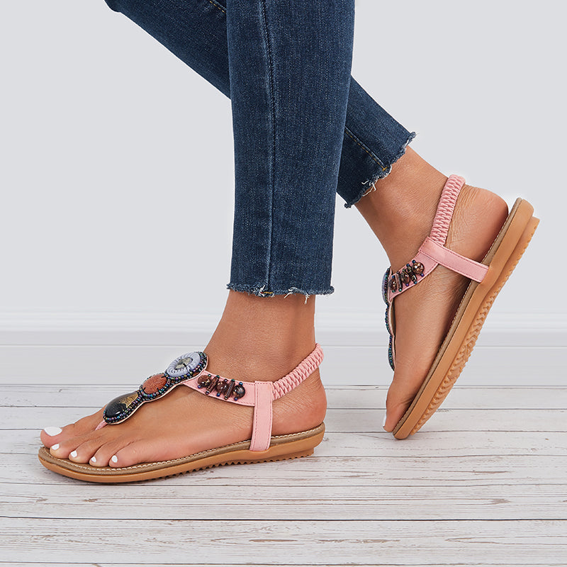 Boho Low Heel Flip Flop Sandals Elastic Ankle T-Strap Dress Shoes - Image 8