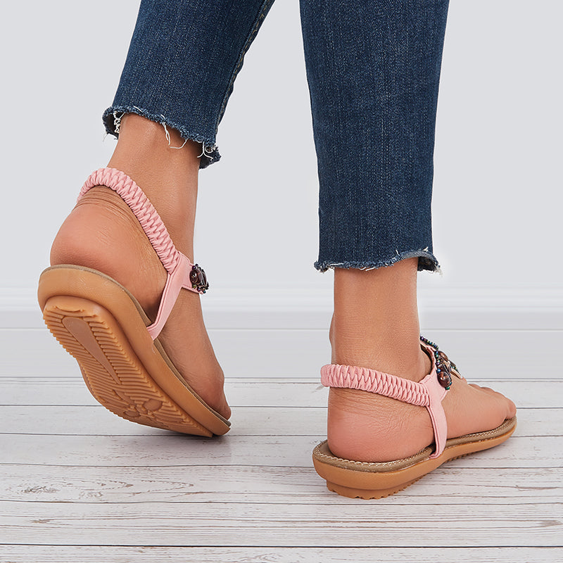 Boho Low Heel Flip Flop Sandals Elastic Ankle T-Strap Dress Shoes - Image 11