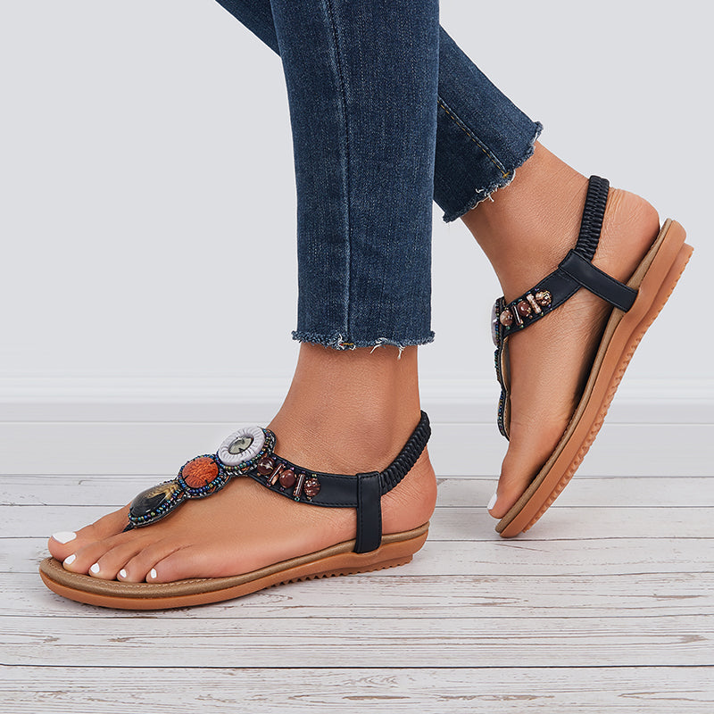 Boho Low Heel Flip Flop Sandals Elastic Ankle T-Strap Dress Shoes - Image 13