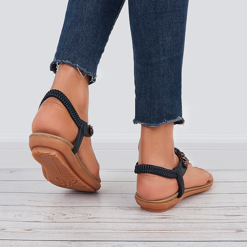 Boho Low Heel Flip Flop Sandals Elastic Ankle T-Strap Dress Shoes - Image 17