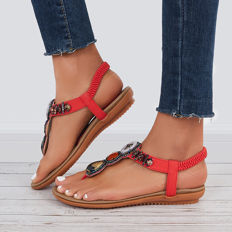 Boho Low Heel Flip Flop Sandals Elastic Ankle T-Strap Dress Shoes - Image 2