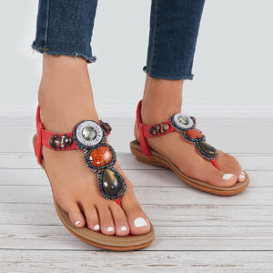 Boho Low Heel Flip Flop Sandals Elastic Ankle T-Strap Dress Shoes