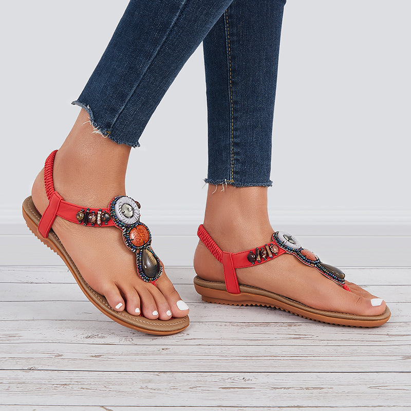 Boho Low Heel Flip Flop Sandals Elastic Ankle T-Strap Dress Shoes - Image 3