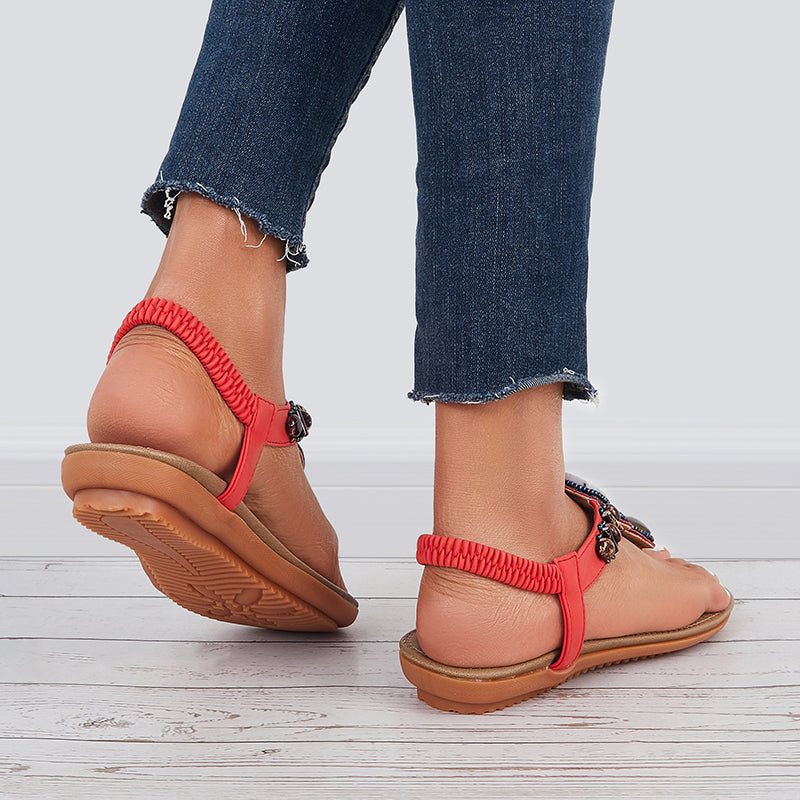 Boho Low Heel Flip Flop Sandals Elastic Ankle T-Strap Dress Shoes - Image 4