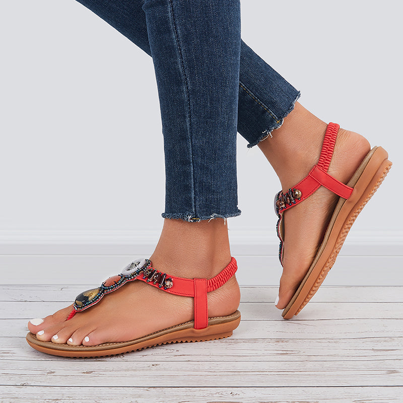 Boho Low Heel Flip Flop Sandals Elastic Ankle T-Strap Dress Shoes - Image 6