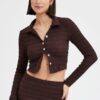 Brown Crop Shirt Long Sleeve Collar Textured