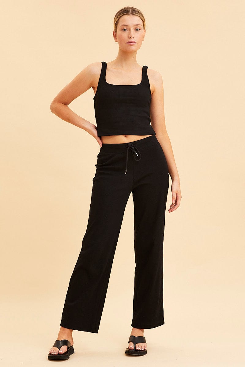 Black Crop Tank Square Neck Cotton Blend Rib - Image 2