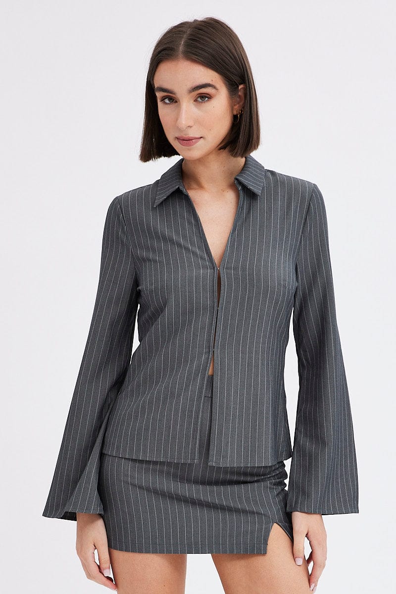 Grey Stripe Shirt Long Sleeve Collared Hook & Eye - Image 3